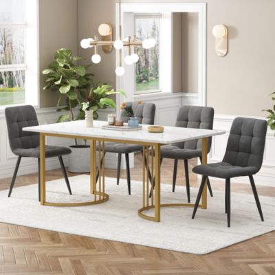 Ensemble repas 5 pièces 140 cm effet marbre blanc avec 4 chaises en velours