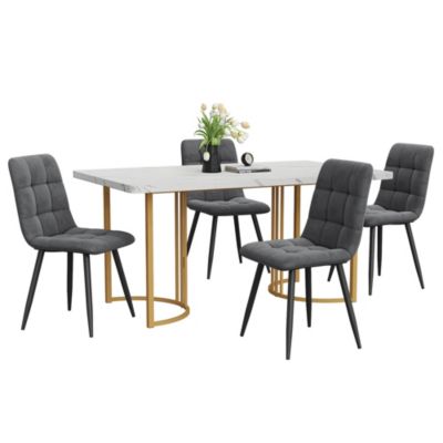 Ensemble repas 5 pièces 140 cm effet marbre blanc avec 4 chaises en velours