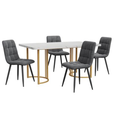 Ensemble repas 5 pièces 140 cm effet marbre blanc avec 4 chaises en velours