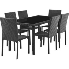 Ensemble repas de jardin - table en verre trempé et 6 chaises en résine tressée noir - Table 160x80x73 cm - Chaise : 44x54x88