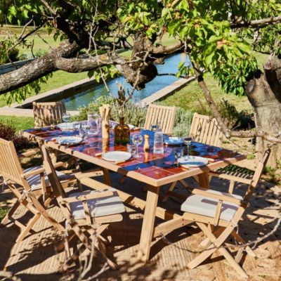 Ensemble repas jardin table en bois et céramique en terre cuite 205x105 + 8 chaises avec accoudoirs avec coussins - Java Light