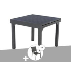 Ensemble repas table extensible alu 4/8 places Graphite + 8 fauteuils Piazza - Hespéride