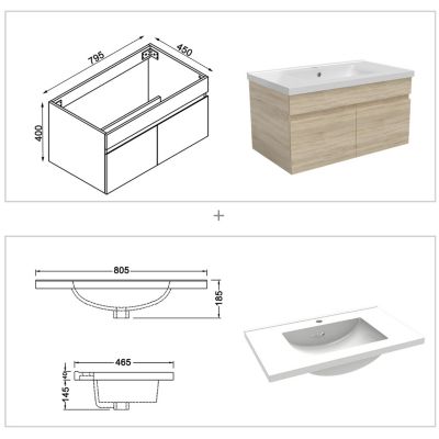 Ensemble Salle De Bain 80cm meuble Chêne Wotan avec miroir lumineux