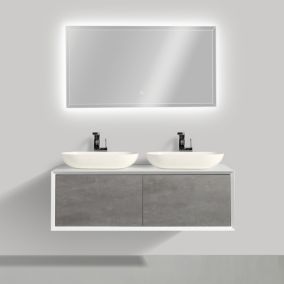 Ensemble salle de bain en bois MDF Fiona 1200 blanc mat, Façade aspect béton, Avec miroir LED 2073, Sans cache ni vasque