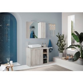 Ensemble salle de bain, meuble+miroir+vasque BASIC pin blanc, 92 x 78 x 45 cm