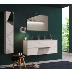 Ensemble salle de bain, meuble suspendu+colonne+miroir+double vasque VITTORIA blanc brillant, 122 x 53 x 47 cm