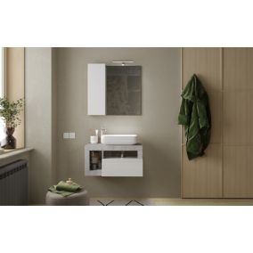 Ensemble salle de bain meuble suspendu+miroir+vasque HAMBURG blanc brillant, béton 79 x 47 x 49 cm