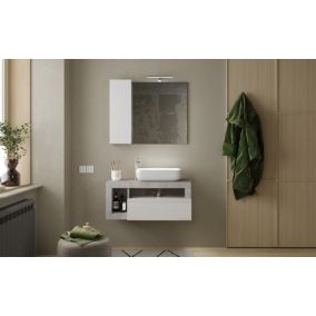 Ensemble salle de bain meuble suspendu+miroir+vasque HAMBURG blanc brillant, béton 92 x 47 x 49 cm