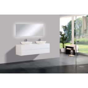 Ensemble salle de bain Milou 1600 blanc mat, Avec miroir LED 2073, 1x vasque à poser O-540 mat, Avec 1 cache blanc