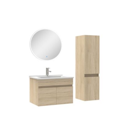 Ensemble Salle De Bain simple vasque avec colonne et miroir rond 60cm meuble Chêne Wotan