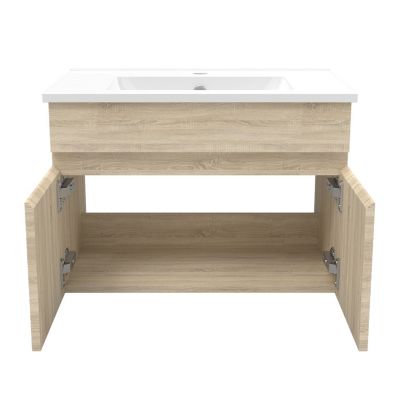 Ensemble Salle De Bain simple vasque avec colonne et miroir rond 60cm meuble Chêne Wotan