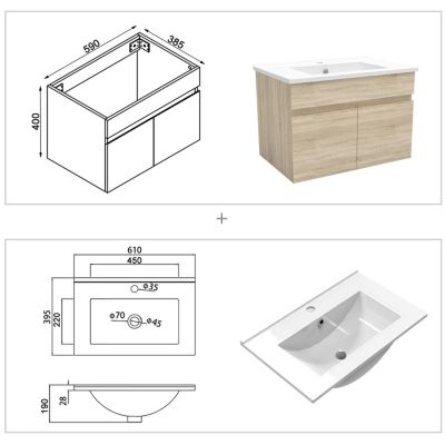Ensemble Salle De Bain simple vasque avec colonne et miroir rond 60cm meuble Chêne Wotan