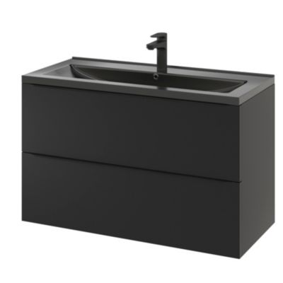 Ensemble salle de bains l.100 cm meuble à suspendre Imandra noir mat + plan vasque céramique noir