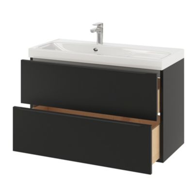Ensemble salle de bains l.100 cm meuble à suspendre Imandra noir mat + plan vasque résine blanc