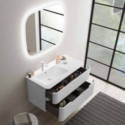 Ensemble salle de bains L. 104 cm meuble sous vasque blanc mat + plan vasque à droite blanc brillant Alba