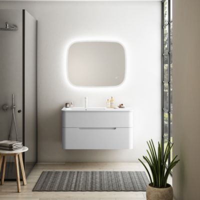 Ensemble salle de bains L. 104 cm meuble sous vasque blanc mat + plan vasque à gauche blanc brillant Alba