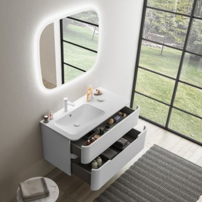 Ensemble salle de bains L. 104 cm meuble sous vasque blanc mat + plan vasque à gauche blanc brillant Alba