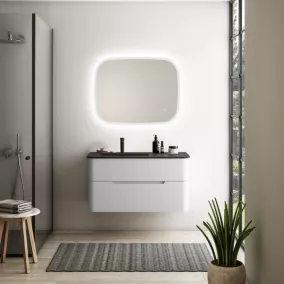 Ensemble salle de bains L. 104 cm meuble sous vasque blanc mat + plan vasque à gauche noir mat Alba