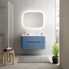 Ensemble salle de bains L. 104 cm meuble sous vasque bleu mat + plan vasque à droite blanc mat Alba