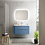 Ensemble salle de bains L. 104 cm meuble sous vasque bleu mat + plan vasque version centre blanc brillant Alba