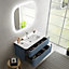 Ensemble salle de bains L. 104 cm meuble sous vasque bleu mat + plan vasque version centre blanc brillant Alba