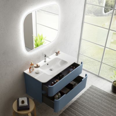 Ensemble salle de bains L. 104 cm meuble sous vasque bleu mat + plan vasque version centre blanc brillant Alba