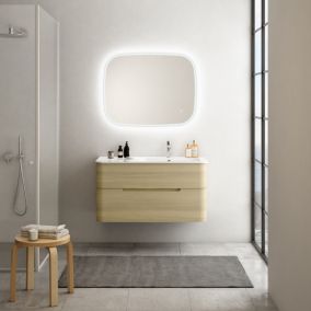 Ensemble salle de bains L. 104 cm meuble sous vasque décor bois natuel + plan vasque à droite blanc brillant Alba