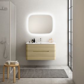 Ensemble salle de bains L. 104 cm meuble sous vasque décor bois natuel + plan vasque version centre blanc brillant Alba