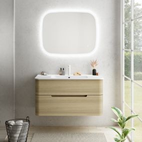 Ensemble salle de bains L. 104 cm meuble sous vasque décor bois natuel + plan vasque version centre blanc mat Alba