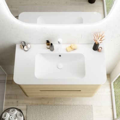 Ensemble salle de bains L. 104 cm meuble sous vasque décor bois natuel + plan vasque version centre blanc mat Alba
