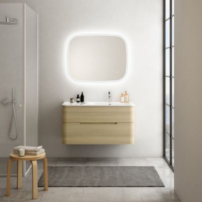 Ensemble salle de bains L. 104 cm meuble sous vasque décor chêne clair + plan vasque à droite blanc brillant Alba