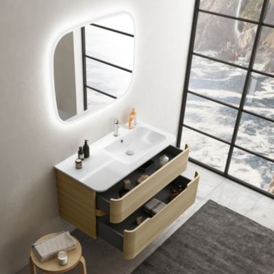 Ensemble salle de bains L. 104 cm meuble sous vasque décor chêne clair + plan vasque à droite blanc brillant Alba