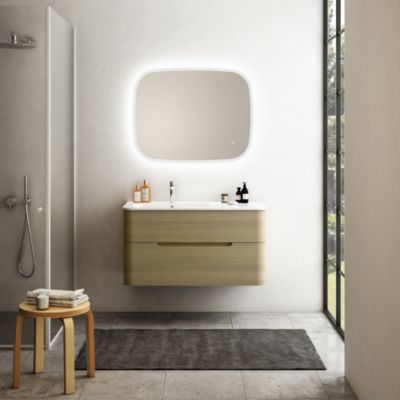 Ensemble salle de bains L. 104 cm meuble sous vasque décor chêne clair + plan vasque à gauche blanc brillant Alba