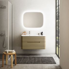 Ensemble salle de bains L. 104 cm meuble sous vasque décor chêne clair + plan vasque à gauche blanc brillant Alba