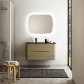 Ensemble salle de bains L. 104 cm meuble sous vasque décor chêne clair + plan vasque à gauche noir mat Alba