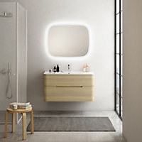 Ensemble salle de bains L. 104 cm meuble sous vasque décor chêne clair + plan vasque version centre blanc brillant Alba