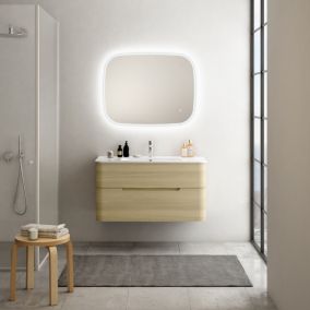 Ensemble salle de bains L. 104 cm meuble sous vasque décor chêne clair + plan vasque version centre blanc brillant Alba