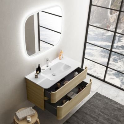 Ensemble salle de bains L. 104 cm meuble sous vasque décor chêne clair + plan vasque version centre blanc brillant Alba