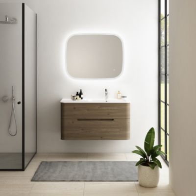 Ensemble salle de bains L. 104 cm meuble sous vasque décor noyer + plan vasque à droite blanc mat Alba