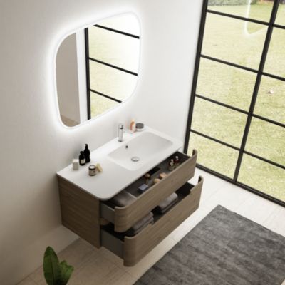 Ensemble salle de bains L. 104 cm meuble sous vasque décor noyer + plan vasque à droite blanc mat Alba