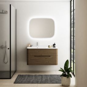 Ensemble salle de bains L. 104 cm meuble sous vasque décor noyer + plan vasque à gauche blanc brillant Alba