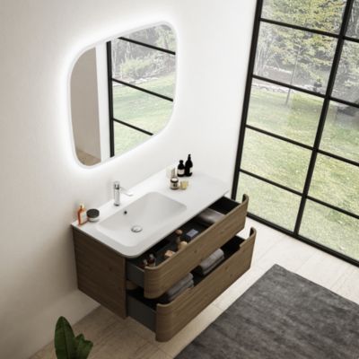 Ensemble salle de bains L. 104 cm meuble sous vasque décor noyer + plan vasque à gauche blanc mat Alba