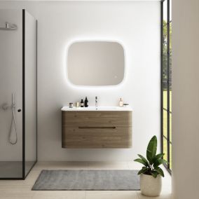 Ensemble salle de bains L. 104 cm meuble sous vasque décor noyer + plan vasque version centre blanc mat Alba
