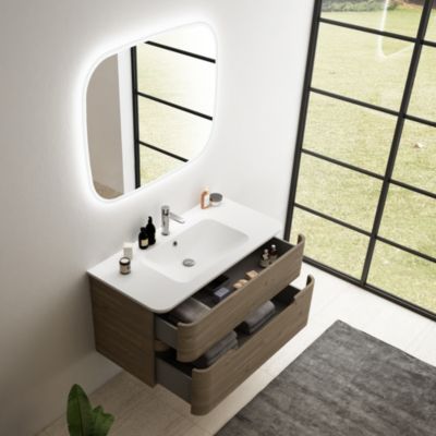 Ensemble salle de bains L. 104 cm meuble sous vasque décor noyer + plan vasque version centre blanc mat Alba