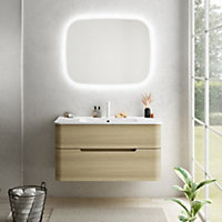 Ensemble salle de bains L. 104 cm meuble sous vasque décor noyer + plan vasque version centre noir mat Alba