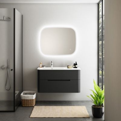 Ensemble salle de bains L. 104 cm meuble sous vasque noir mat + plan vasque à gauche blanc brillant Alba