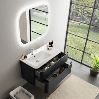 Ensemble salle de bains L. 104 cm meuble sous vasque noir mat + plan vasque à gauche blanc mat Alba