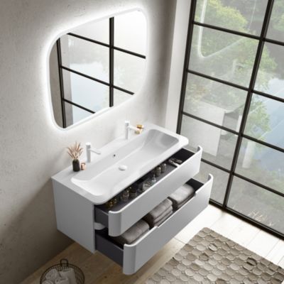 Ensemble salle de bains L. 119 cm meuble sous vasque blanc mat + plan vasque blanc brillant Alba