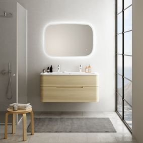 Ensemble salle de bains L. 119 cm meuble sous vasque décor bois natuel + plan vasque blanc brillant Alba