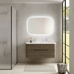 Ensemble salle de bains L. 119 cm meuble sous vasque décor noyer + plan vasque blanc brillant Alba